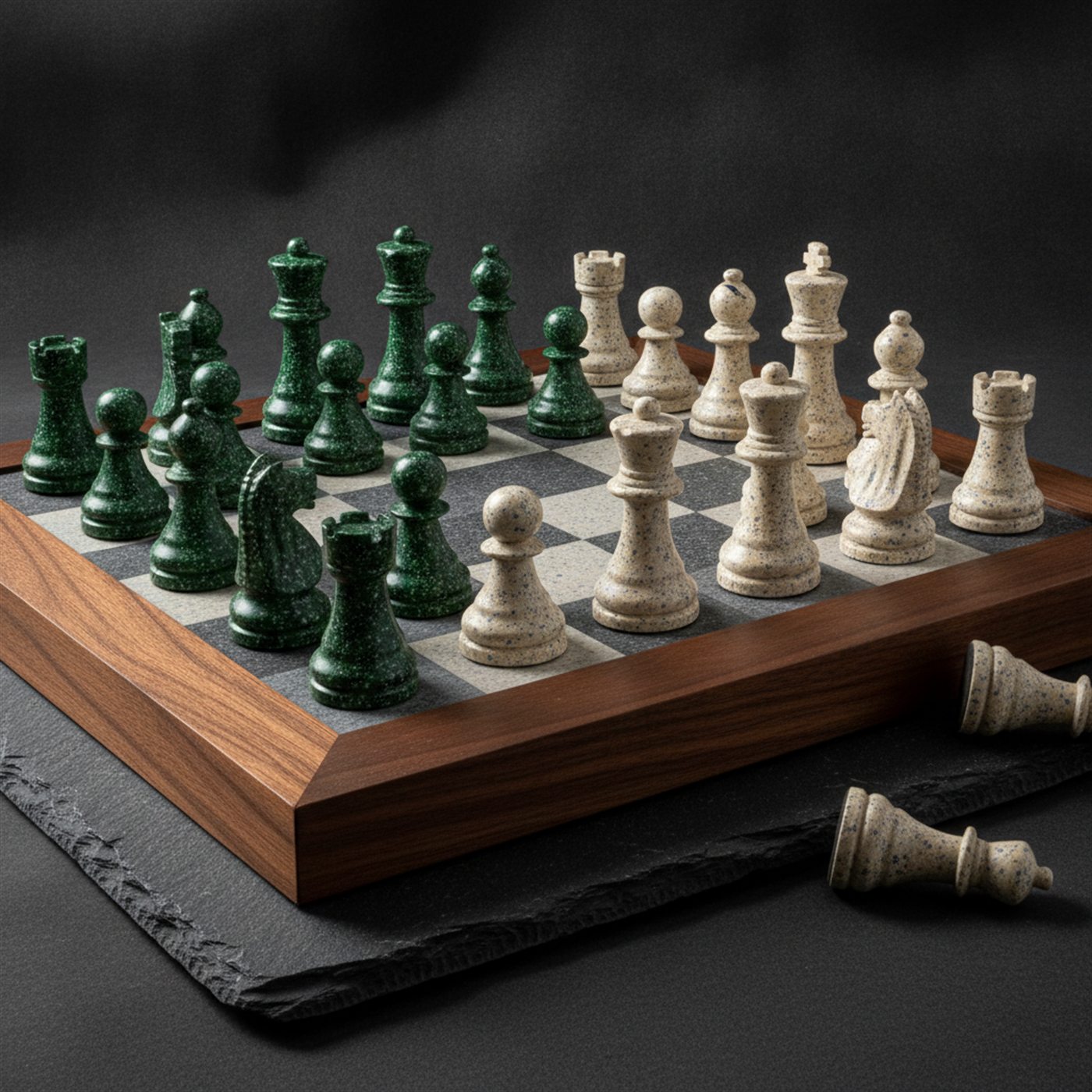 The complete memorial chess set: deep green speckled pieces against ivory, on a walnut-framed board.