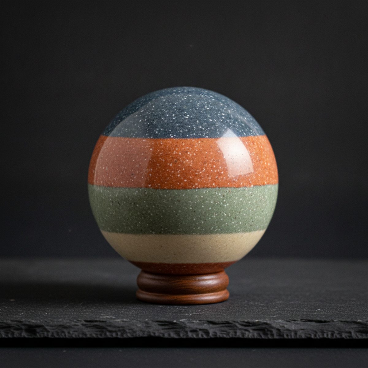 A keepsake orb banded in slate, terracotta, sage and ivory with fine white speckles, on a walnut ring stand.