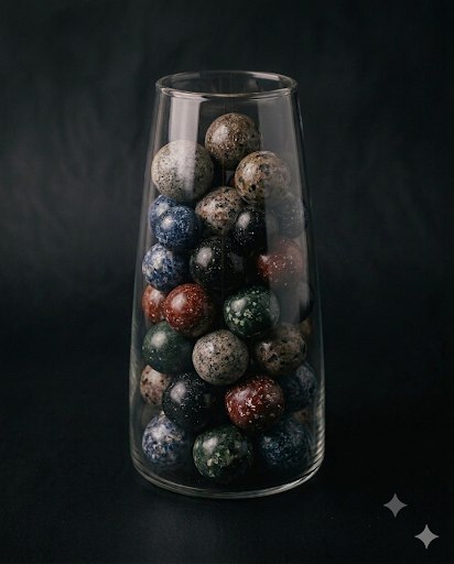 A full set of speckled memorial pearls in all five colors, filling a tall glass vase.