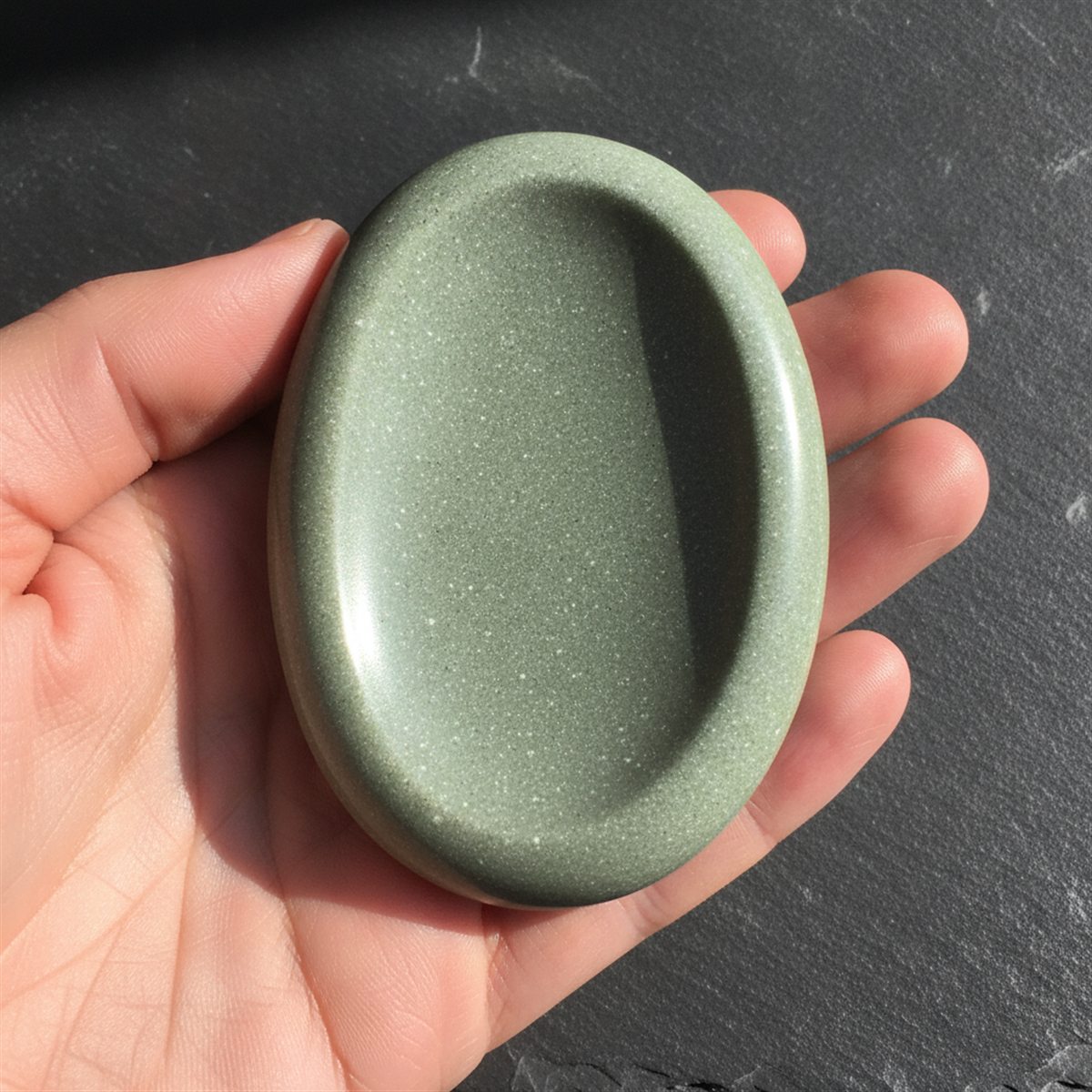 A smooth sage-green memorial palm stone with a shallow thumb dimple and fine white speckles, held in a hand on dark slate.